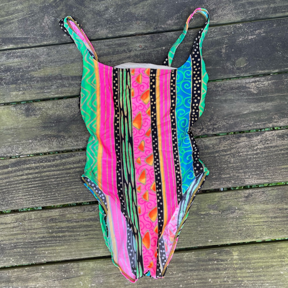 90s vintage high leg abstract one-piece swimsuit